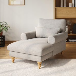 English Elm Upholstered Chaise Lounge Rolled Arms Reclining Back Foam Cushion Elegant Wood Feet Light Gray T3623P411642