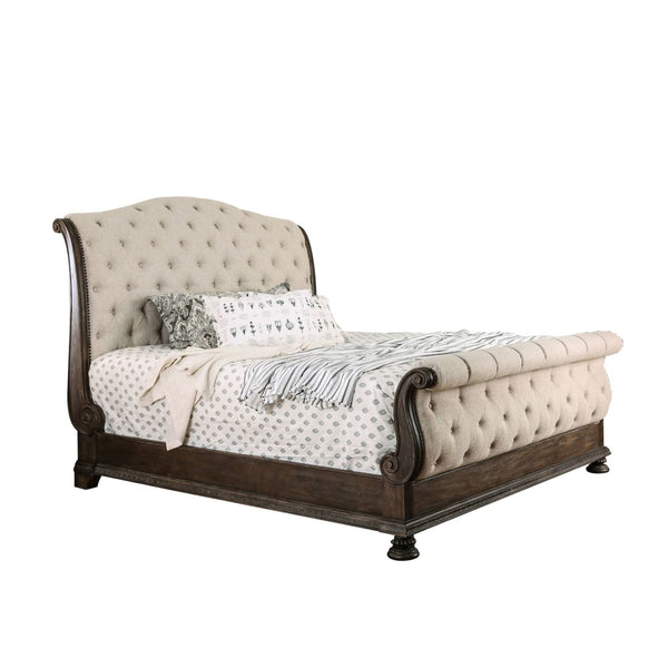 English Elm Rustic Solid Wood Queen Sleigh Bed with Button Tufted Beige Linen Upholstered Frame B2741S00866