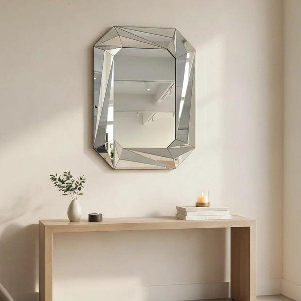 English Elm Diamond Frameless Beveled Wall Mirror Sculptural Silver Glass Accent for Any Room W3836P409964