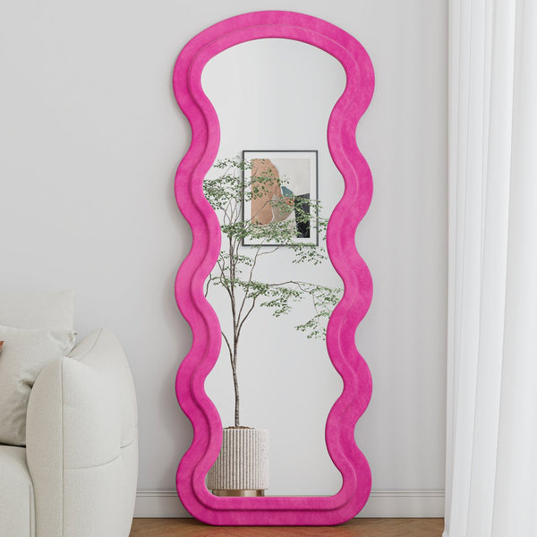 English Elm Flannel Wavy Full-Length Floor Mirror with Soft Padded Frame, Shatter-Resistant Glass, Modern Décor Rose W347P325001