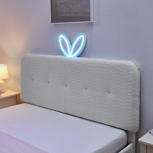 English Elm Queen Boucle Upholstered Kids Bed with Rabbit Ear Headboard Led Lighting Storage Drawers Beige W1413P384927