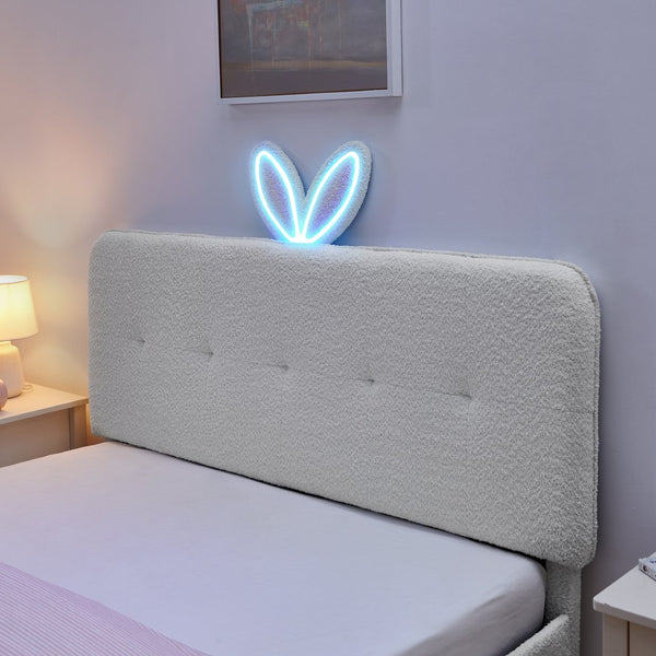 English Elm Queen Boucle Upholstered Kids Bed with Rabbit Ear Headboard Led Lighting Storage Drawers Beige W1413P384927