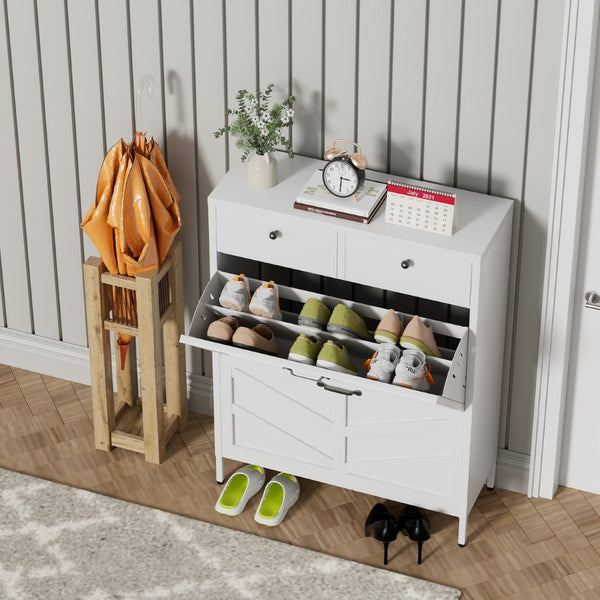 English Elm Shoe Cabinet Slim Steel Entryway Organizer with Flip Compartments and Retro White Finish T2398P413025