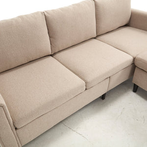 English Elm Small L-Shaped Sofa with Storage Ottoman and Side Pockets, Velvet 3-Seat Space-Saving Couch Beige W2705P255381