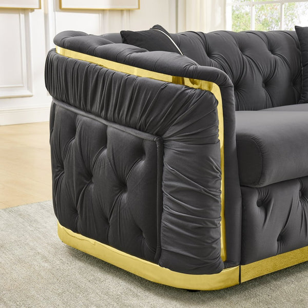 English Elm 2 Piece Velvet Chesterfield Sofa Set with Gold Steel Trim Button Tufted Living Room Couch Gray W1191S00100