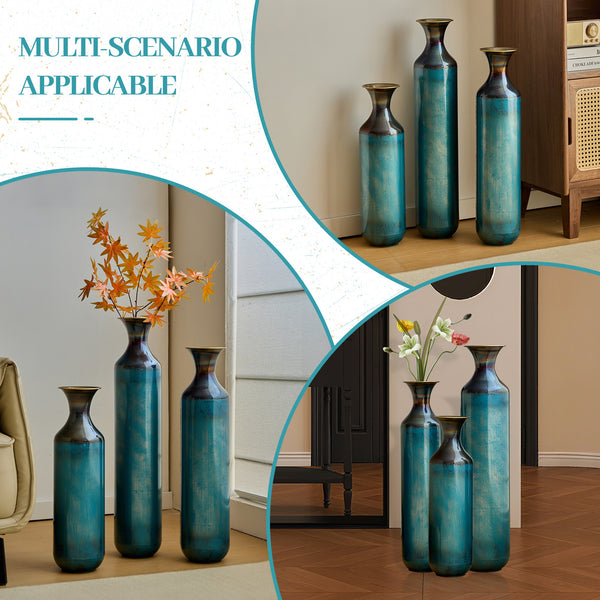 English Elm Floor Metal Vase Set - Modern 3-Piece Droplet Design For Stylish Home Decor, White & Gold Accents W2796P290478