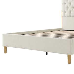 English Elm Luxelegance Tufted Upholstered Queen Bed Frame with Curved Headboard, Sturdy Wood Frame & Plush Finish Beige B343P383335