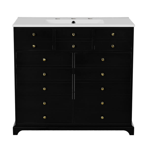 English Elm 36'' Bathroom Vanity with Ceramic Sink Combines Retro Solid Wood Frame, Soft-Close Drawers & Ample Storage Black N710P195628B