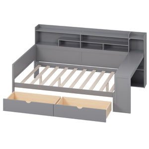 English Elm Wooden Twin Daybed with Trundle Built-in Desk and Open Shelves for Kids Rooms Gray N733S373385E