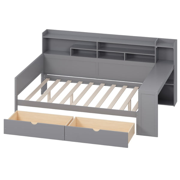 English Elm Wooden Twin Daybed with Trundle Built-in Desk and Open Shelves for Kids Rooms Gray N733S373385E