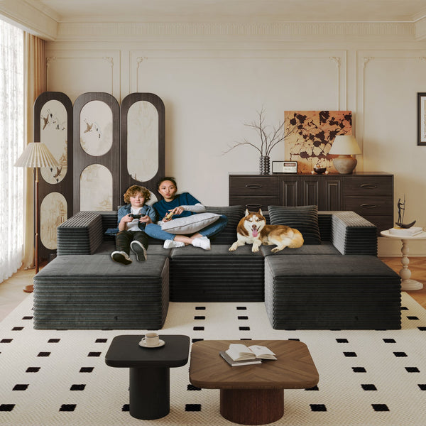 English Elm Modular Sectional Couch - Soft Corduroy, High-Density Memory Foam, No Assembly, Versatile Design In Grey W3434S00026