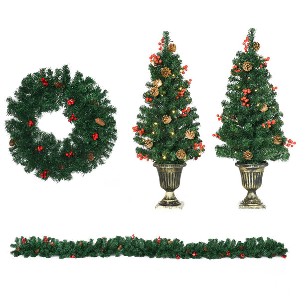 English Elm HOMCOM Prelit 4-Piece Holiday Set with 2 Entry Trees, Garland & Wreath, Warm White LEDs, Red Berries W2225P229437