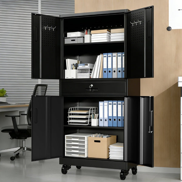 English Elm Metal Rolling Garage Cabinet with Pegboard Door Drawer Locking Storage and Adjustable Shelves T2398P465998