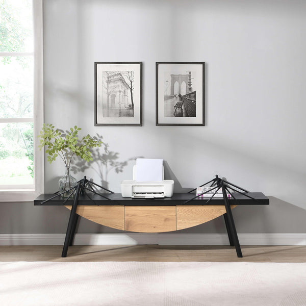 English Elm Sailboat-Shaped Modern TV Stand 70.87" Nautical Media Console with Drawer, MDF Build, Sturdy Metal Support Black W2317P253445