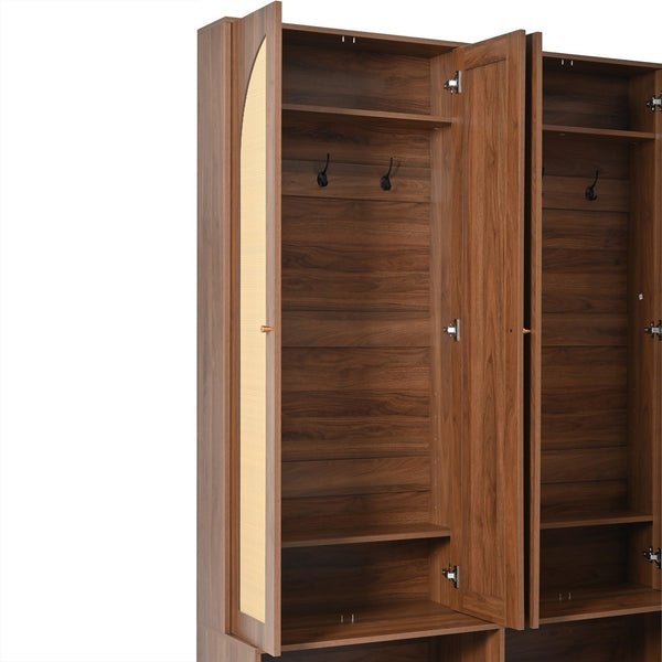 English Elm [Assembly Video] Farmhouse Widen Hall Tree with Rattan Doors, 4-in-1 Bench with 6 Hooks, Shoe Storage and Adjustable Shelves for Entryway (55.1") Walnut N721P297555D