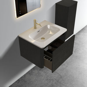 English Elm U056-Etna24W-308 Striped Brushed Black Oak Floating Vanity with White Integrated Ceramic Sink, Push-Open Drawer, Curved Edges W1865P218038