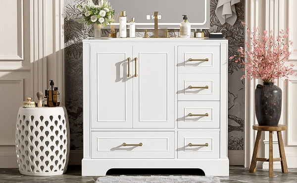 English Elm 36" Traditional Bathroom Vanity with Ceramic Sink, Solid Wood Cabinet, Soft-Close Doors & Drawers White N729P251630K