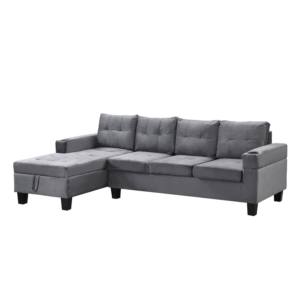 English Elm Sectional PU Sofa Set with L-Chaise, Built-In Cup Holders, Thick Foam Cushions, Modern 4-Seater Comfort Grey 69.29 L x 33.46 W x 13.78 H W2297S00011