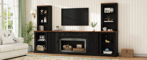 English Elm 3-piece Farmhouse Entertainment Center with Curved Cabinets Walnut Mdf Modular Living Room Black N721S000068B