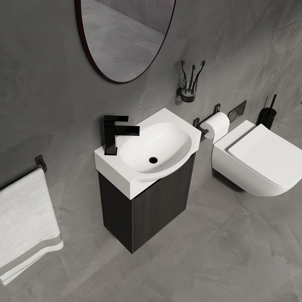 English Elm 16" Bathroom Vanity Sink Combo for Small Spaces — Compact Engineered Wood Cabinet with Ceramic Basin, Moisture-Resistant Finish and Hidden Handle, Easy Assembly Black W1972P190340
