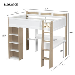 English Elm Full Size Wood Loft Bed With Desk, Wardrobe & Storage Shelves - Stylish Space-Saving Solution! N7090005007K