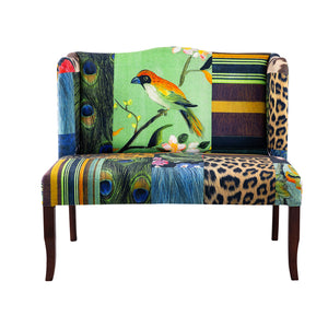 English Elm 44x25x38" Vesta Bird Collage Print Settee — Vibrant Upholstery, Exotic Fabric Mix, Statement Piece for Entryway or Bedroom W2078P370689