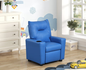 English Elm Evelyne Youth Pu Leather Recliner with Cupholder for Playroom or Bedroom Lounge Blue B2749P413214