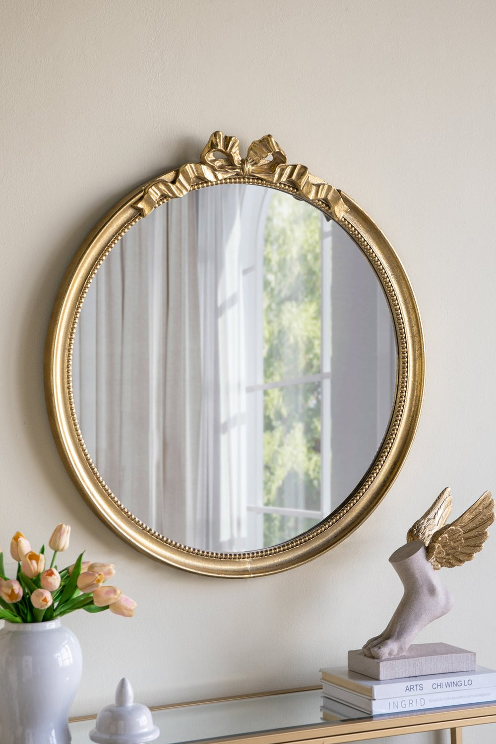 English Elm 30" Baroque Round Decorative Wood Frame Wall Mirror with Gold Scrollwork Crown, Vintage Accent for Entryway W2078P288164