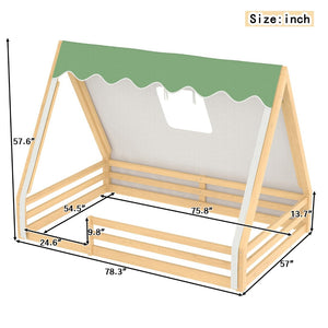 English Elm Twin Montessori Floor Bed Solid Pine Teepee Frame with Guardrails and Canopy Light Natural W1580P369468