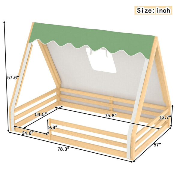 English Elm Twin Montessori Floor Bed Solid Pine Teepee Frame with Guardrails and Canopy Light Natural W1580P369468