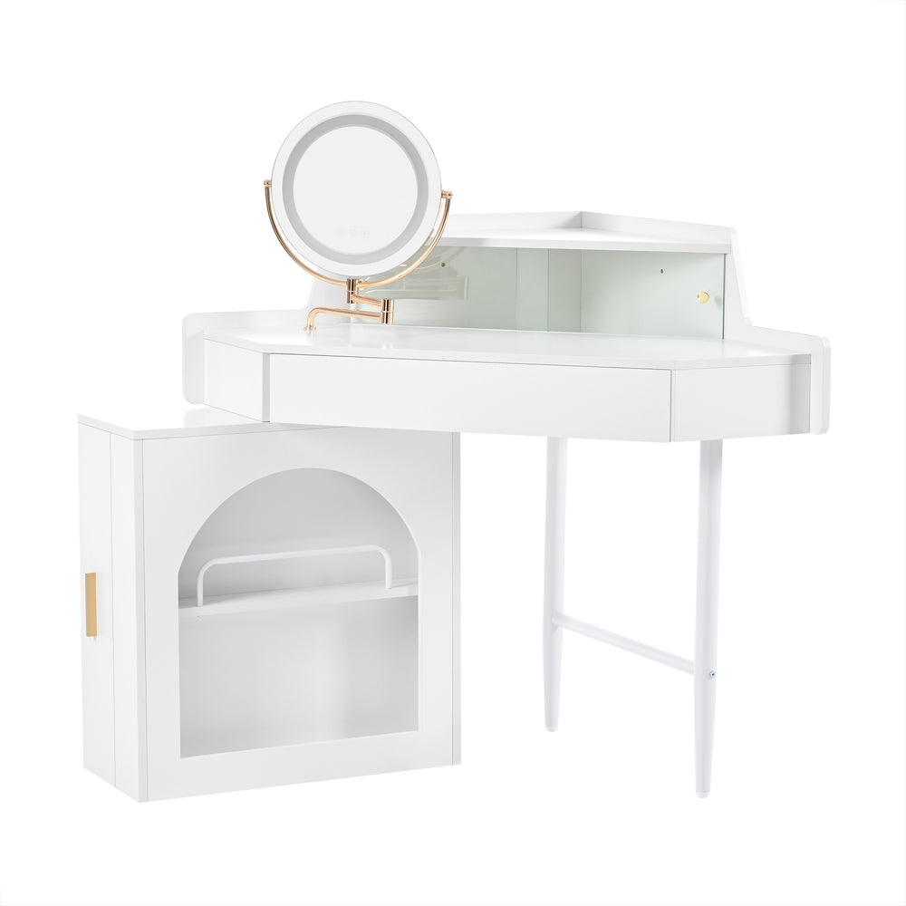 English Elm Corner Makeup Vanity Desk with 360° Rotating LED Mirror, Adjustable Brightness, L-Shaped Corner Design and Pull-Out Storage for Small Spaces White N844P263663A