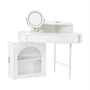 English Elm Corner Makeup Vanity Desk with 360° Rotating LED Mirror, Adjustable Brightness, L-Shaped Corner Design and Pull-Out Storage for Small Spaces White N844P263663A