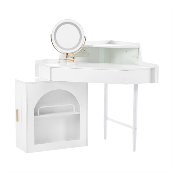 English Elm Corner Makeup Vanity Desk with 360° Rotating LED Mirror, Adjustable Brightness, L-Shaped Corner Design and Pull-Out Storage for Small Spaces White N844P263663A