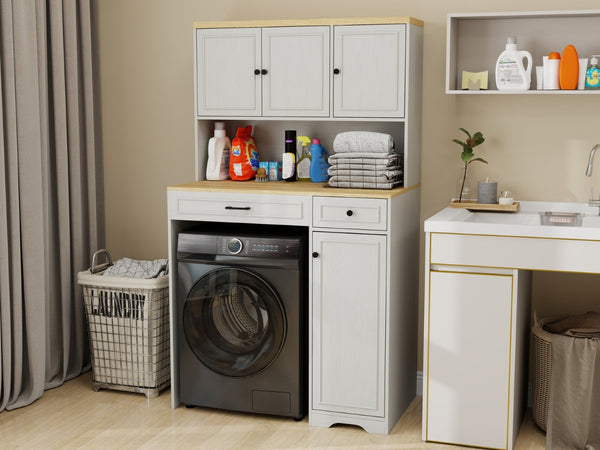 English Elm Over Washer Dryer Laundry Cabinet with Basket Drawer Adjustable Shelves Antique White W1120P338184