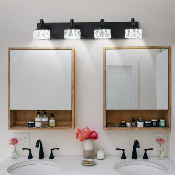 English Elm Modern Matte Black 4 Light Led Vanity Bar Crystal Shades Bathroom Wall Sconce W1340P206825