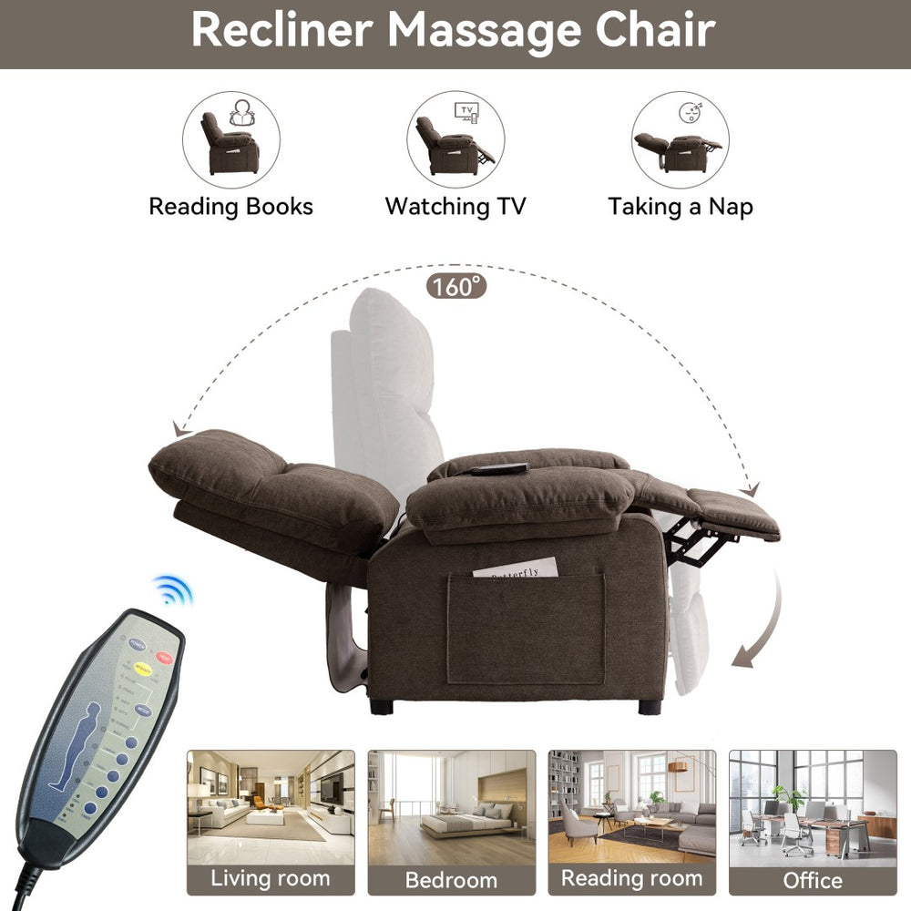 English Elm 019-160°recliner Plush Chenille Push Back Chair with Massage Heating for Seniors Brown W2636P286682