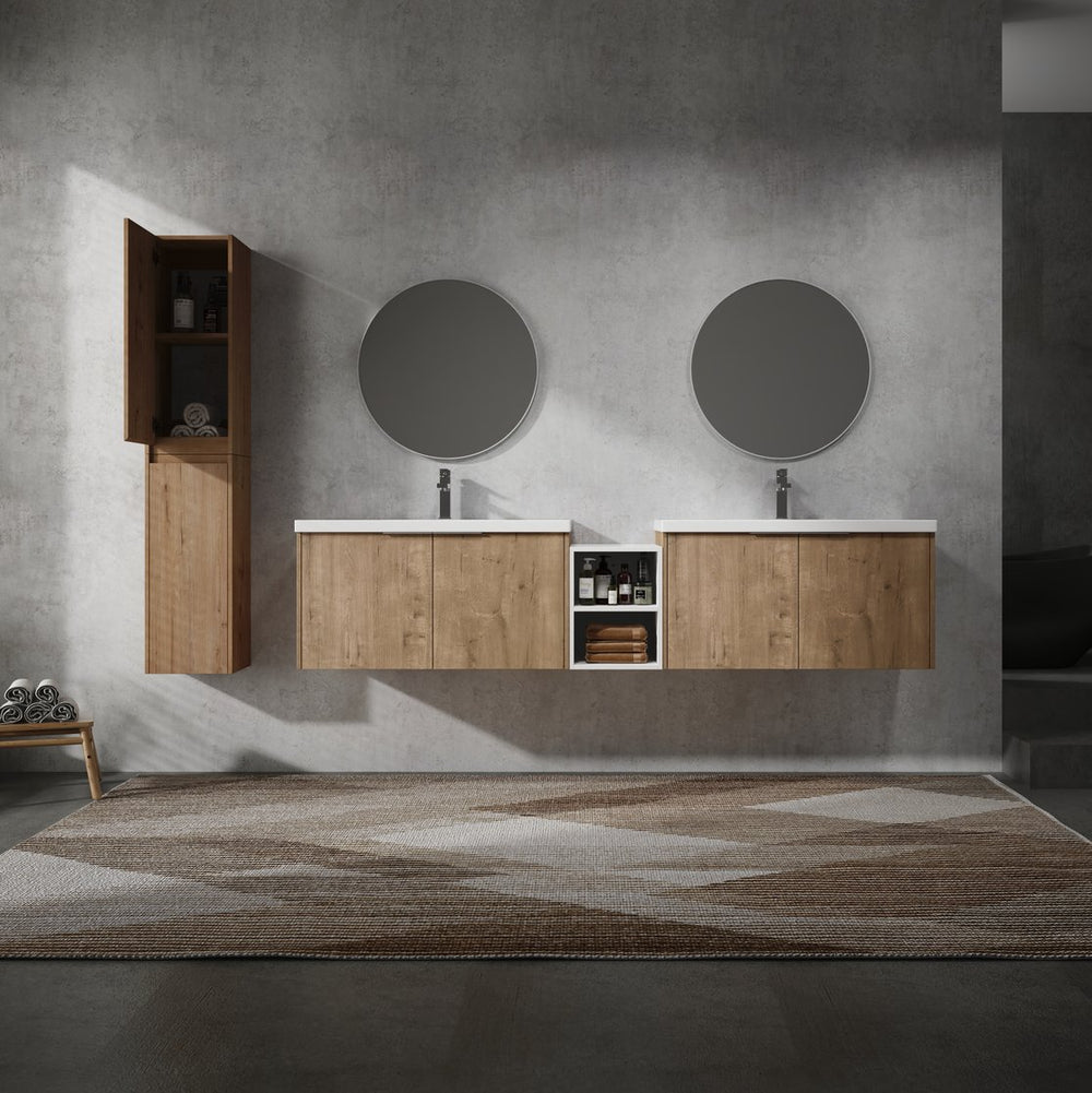 English Elm 84" Wall-Mounted Bathroom Vanity Set With Soft-Close Doors, Dual Sinks & Abundant Storage Space W999S00233