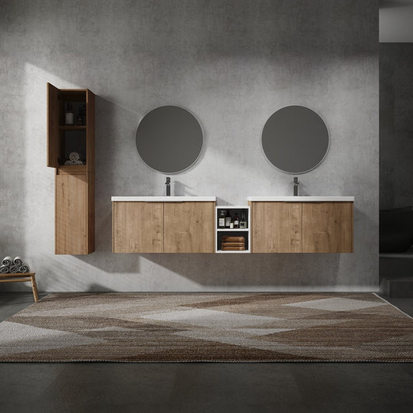 English Elm 84" Wall-Mounted Bathroom Vanity Set With Soft-Close Doors, Dual Sinks & Abundant Storage Space W999S00233