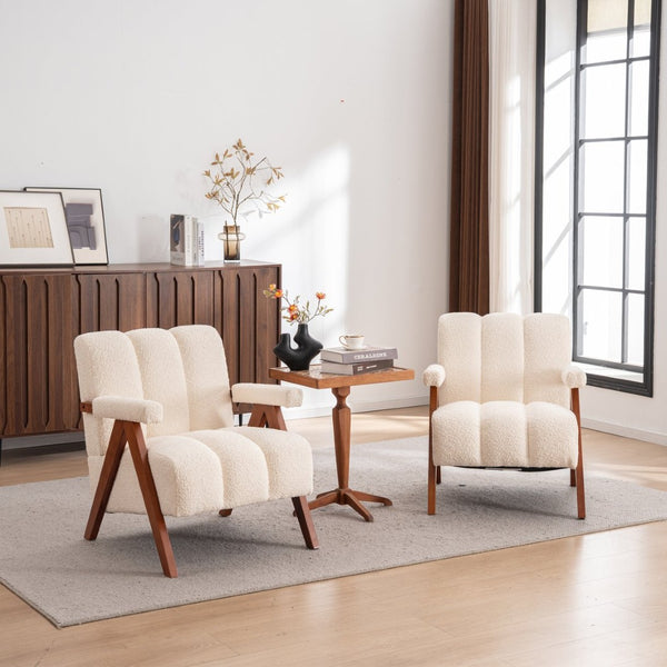 English Elm Mid-century Modern Chenille Lounge Chair Set Oak Frame Cloud Silhouette Living Room Beige W1170S00052