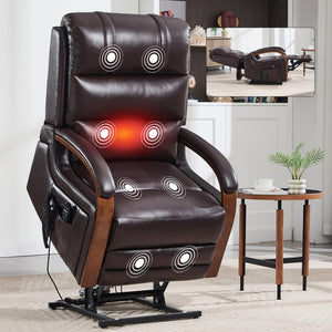 English Elm Power Lift Recliner with Dual Motor Heat Massage Wood Armrests Brown Leatheraire W1803S00080