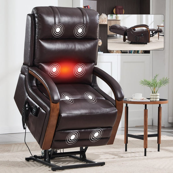 English Elm Power Lift Recliner with Dual Motor Heat Massage Wood Armrests Brown Leatheraire W1803S00080