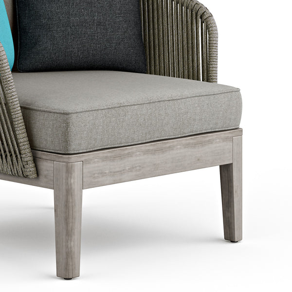 English Elm Carmel Handcrafted Outdoor Conversation Chair in Sand Drift Fabric with Acacia Wood Base & Rope Accents B136P159361