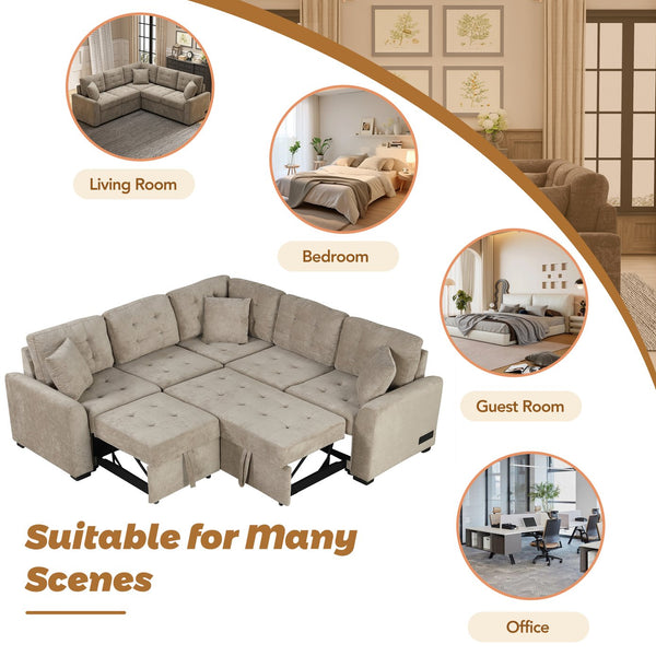 English Elm 82.6" L-shape Sofa Bed with USB, Power Sockets & Wheels — Khaki Corded Velveteen Sleeper for Living Room N719S001230S