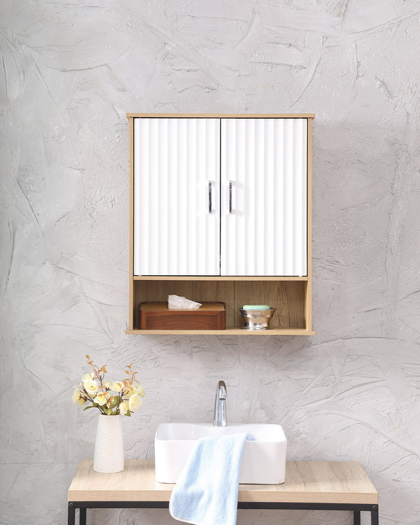 English Elm Bathroom Wall Cabinet White & Natural Wood with Wavy Doors, Adjustable Shelf, Bottom Storage, Easy Install W3151P288945