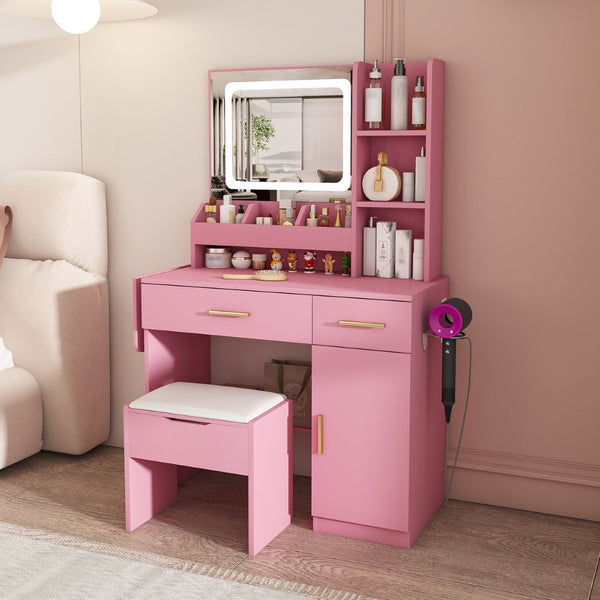 English Elm Vanity Desk with Led Mirror Power Station 3 Drawers Shelves and Makeup Stool W2700P342539