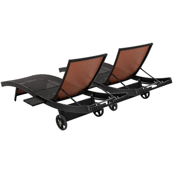 English Elm K&k Outdoor Wicker Reclining Chaise Set 2 Piece with Pull Out Tray Rolling Wheels Black+Brown N707P395515D