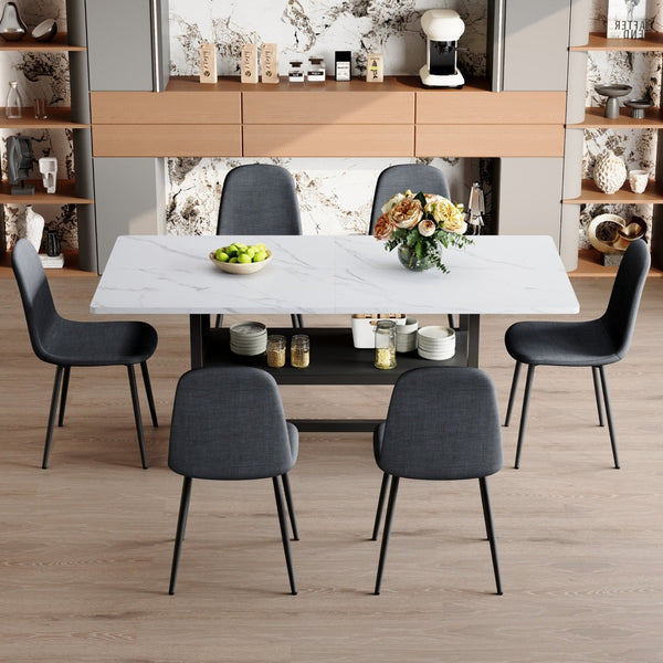 English Elm Table Set - Modern 71" Dining Table With Under-Table Storage & 6 Ergonomic Dark Gray Chairs For Comfort W1151S04263-GIGA