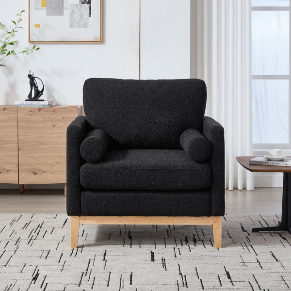 English Elm 35.4" Wide Modern Farmhouse Accent Chair With Soft Black Boucle, Natural Wood Legs & Bolster Pillows W3118P283468