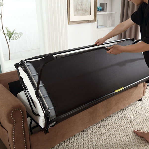 English Elm U_Style Convertible 2-in-1 Sofa Bed Sleeper with Large 63"x70.9" Mattress, Retro Rivet Accent Design Brown W2705S00020