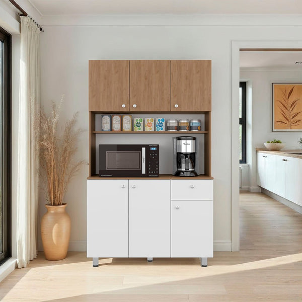 English Elm White Tall Kitchen Pantry Cabinet with Microwave Shelf Open and Enclosed Storage B062S01856